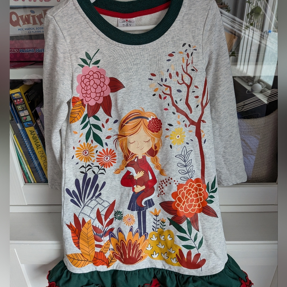 Back To School Boutique Girls Whimsical Fox & Floral Ruffle Dress - Size 7/8Y